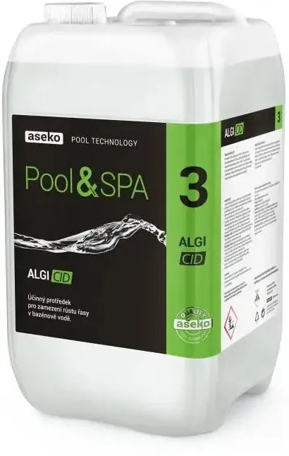 Vit plastbehållare med Aseko Pool & Spa Algi Cid algicid flytande 20l
