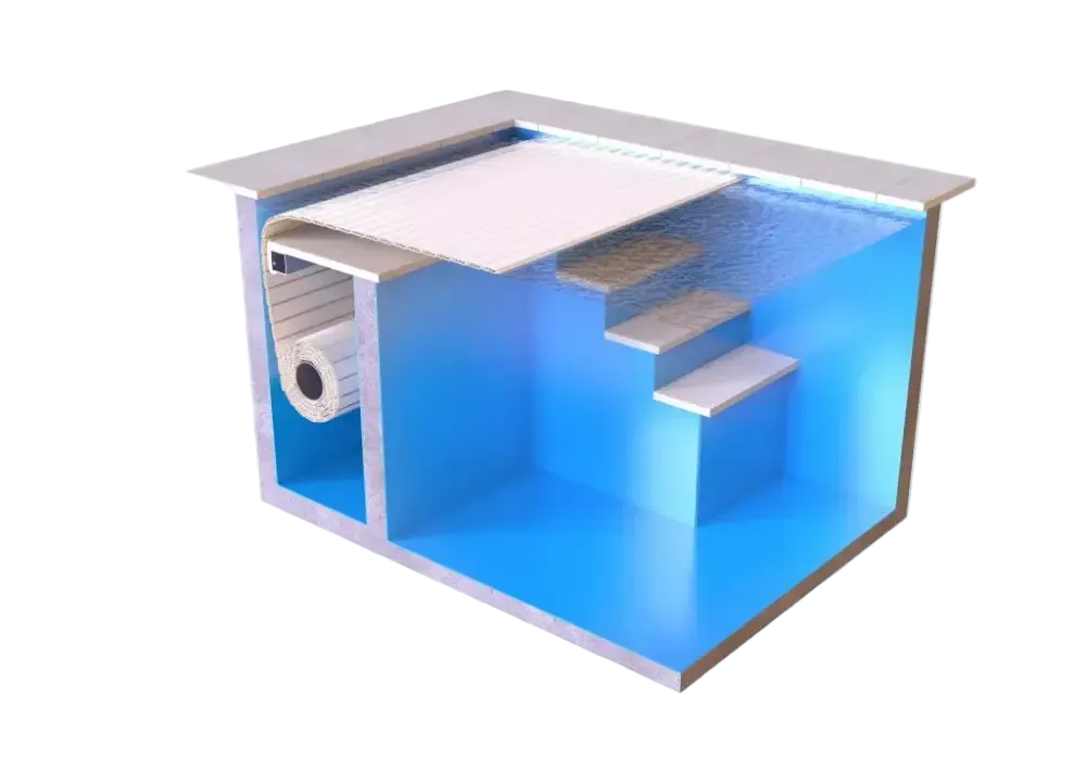 Blå inomhuspool med vitkaklade trappor, extern motor, Aquatop nedsänkt 60x14mm