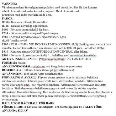 Varning för FLOC C flytande 20L med polyaluminiumchlorid 10%