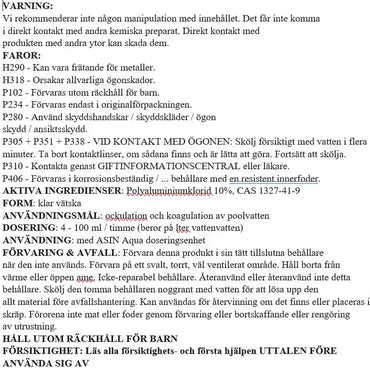 Varning för Aseko Floc C Flytande 20L polymert flockningsmedel med polyaluminiumchlorid