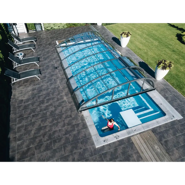 Blå Trinidad trädgårdspool 9,70x3,70x1,60m med inbyggt poolöverdrag