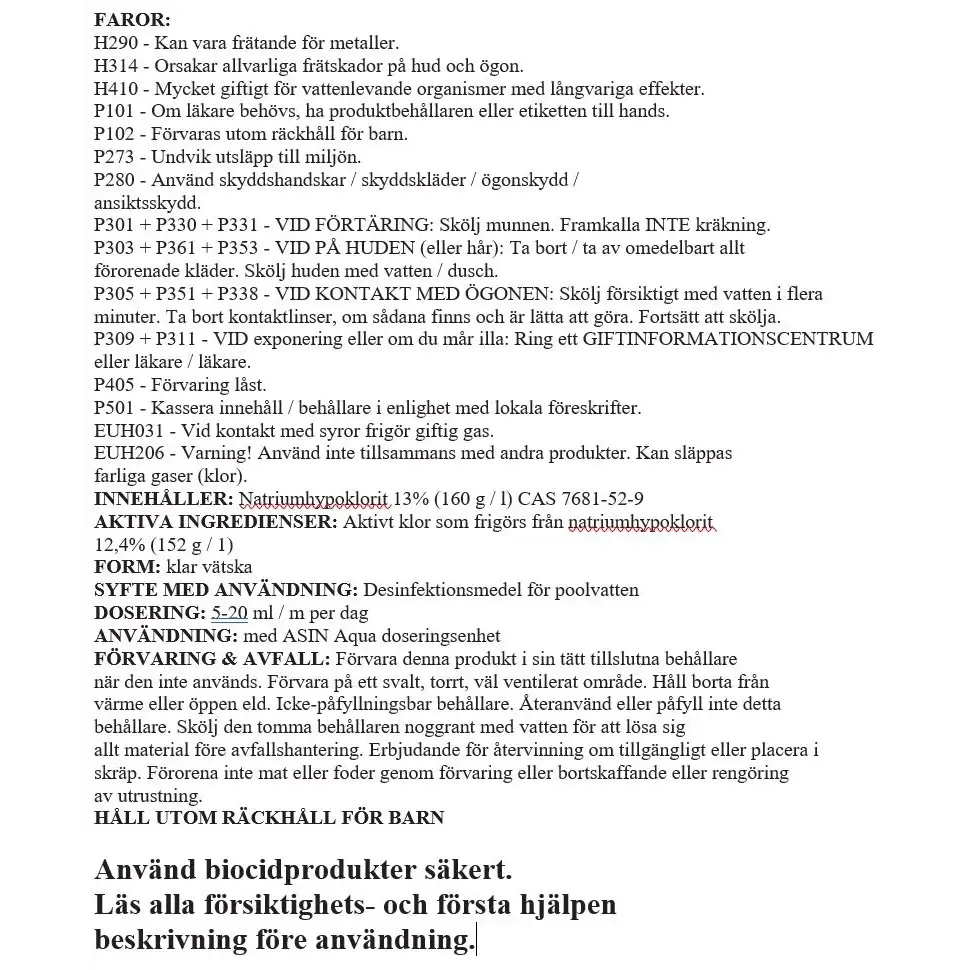 Klor Flytande 20L etikett med 13% natriumhypoklorit, flytande klor