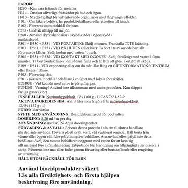 Klor Flytande 20L etikett med 13% natriumhypoklorit, flytande klor