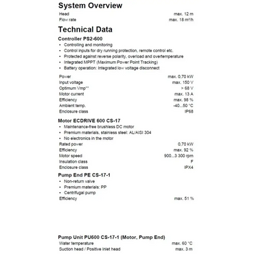 Lorentz PS2-600 CS-17-1 solcellspumppaket med specifikationer för hög effektivitet