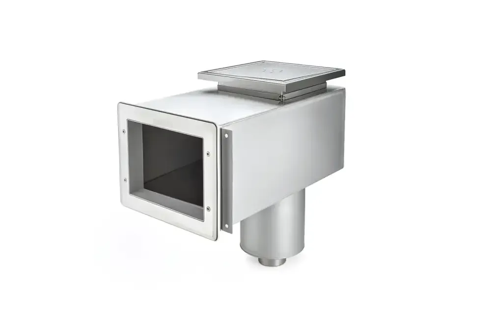 Rektangulär fläktkåpa i rostfritt syrafast stål med platt topp och cylindrisk bas