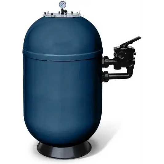 Pahlen Sandfilter Mundo 1½-2 tum SV blå cylindrisk tank med svart rör och ventil