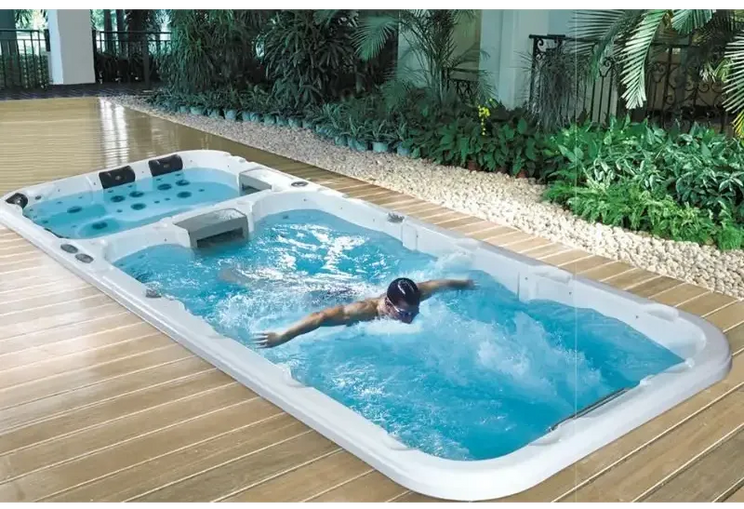 Vit PassionSpa Aquatic 3 Deep Swim Spa med blåvatten och simjets