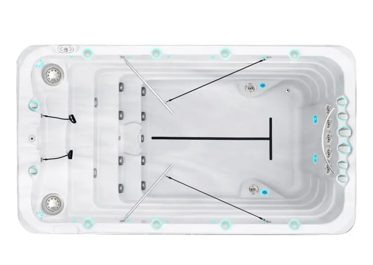 Vit PassionSpa Fitness 1 Swim Spa med vit rektangulär form, blå LED-belysning och svarta inredningsdetaljer