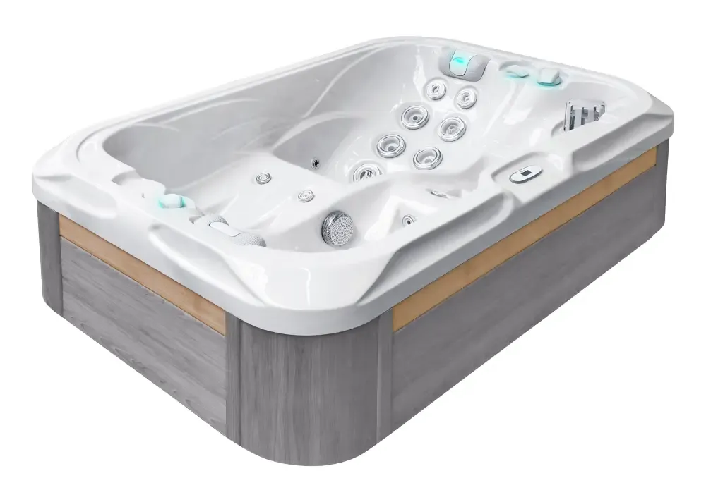 Vitvitt badkar PassionSpa Indulgence Spabad med grå träbas och ljusblå LED-belysning