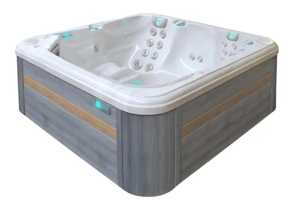Modern PassionSpa Reflect Spabad med grå trädetaljer, vita jetmunstycken och teal-belysning