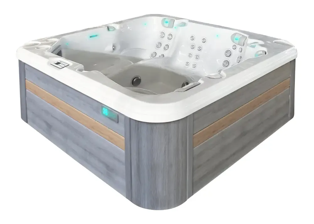 Modern PassionSpa Retreat Spabad med grå trädetaljer och tealbelysning