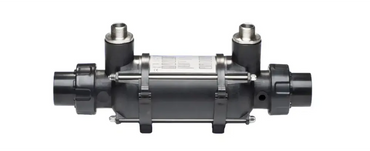 Svart plast värmeväxlare med gängade kopplingar i rostfritt stål