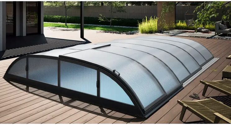 Pooltak Dallas 3×6 med böjd genomskinlig plastduk och svart metallram