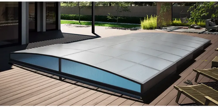 Pooltak Sydney 4×8 med silverram, blåtonade paneler och antracit enkelskena