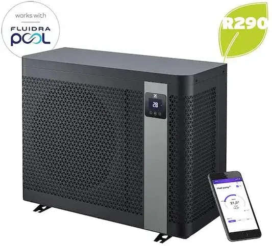 Svart rektangulär Z260iQ MD5 13kW poolvärmare med silverpanel och digital display