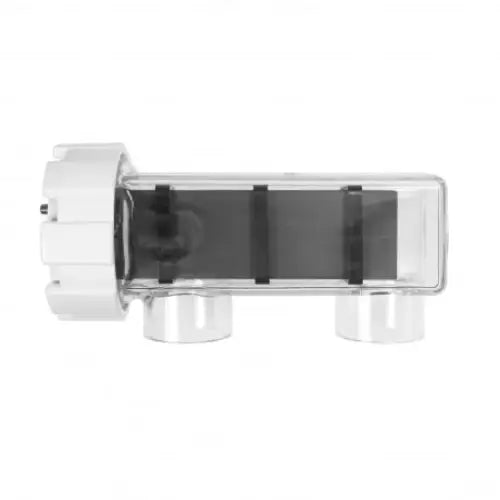 TE-25 elektrolysator med klar plast, vita lock och svarta komponenter för pool och saltmaskiner