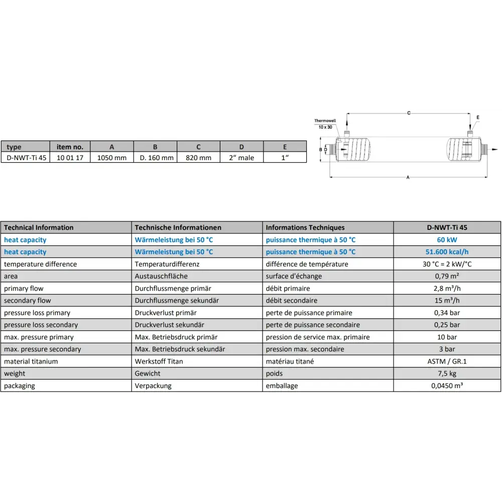 Titan Värmeväxlare D-NWT-TI 45 titanmodell med maximal energieffektivitet för pool