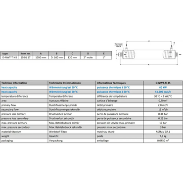 Titan Värmeväxlare D-NWT-TI 45 titanmodell med maximal energieffektivitet för pool