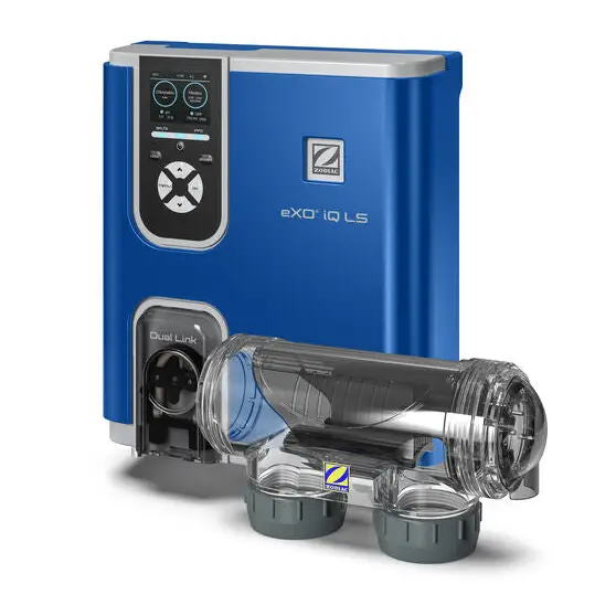 Blå Zodiac EXO iQ LS vattenfilter med transparent hus och grå beslag