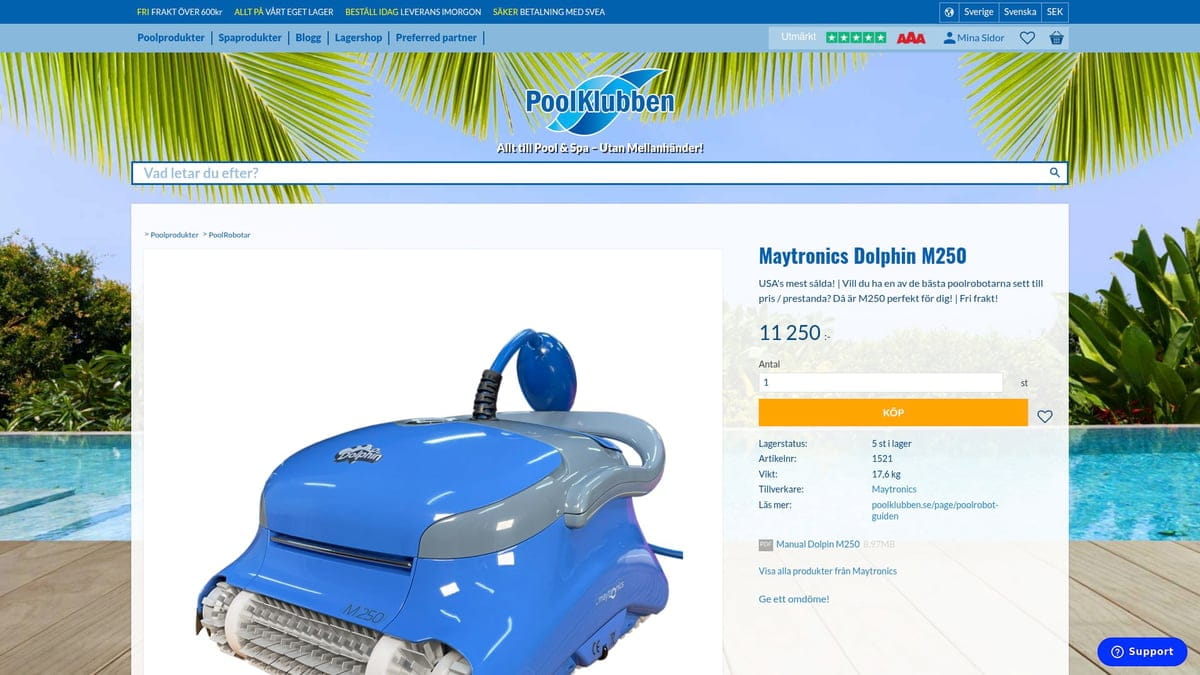 7 Saker Du Måste Veta: Pool Robot Test 2026 - 7. Dolphin Supreme M250 – Funktionell Allroundrobot