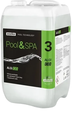 Vit plastbehållare med Aseko Pool & Spa Algi Cid algicid flytande 20l