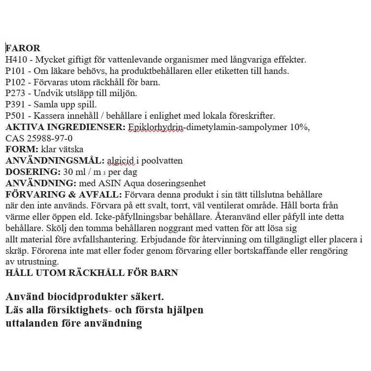 Faror H410 Algicid flytande 20L med 10% epiklorohydrin-dimetylaminosampolymer för pool