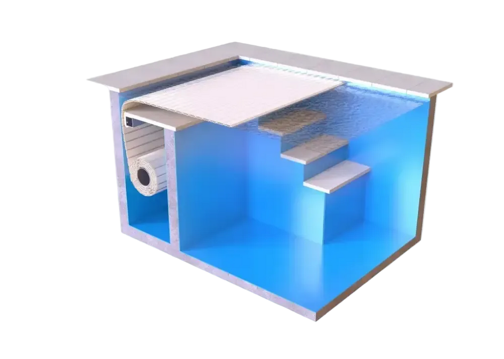 Blå inomhuspool med vitkaklade trappor, extern motor, Aquatop nedsänkt 60x14mm