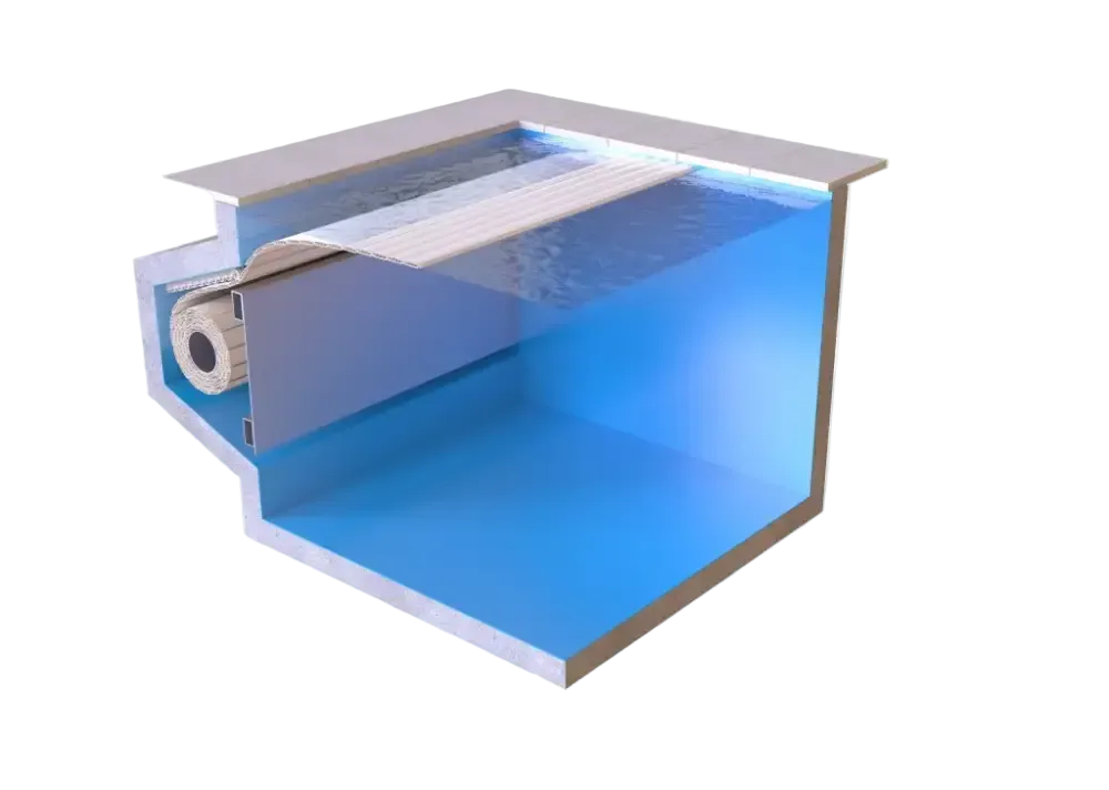 Blå pool med vit plattform, synligt värmesystem 60x14mm och extern motor