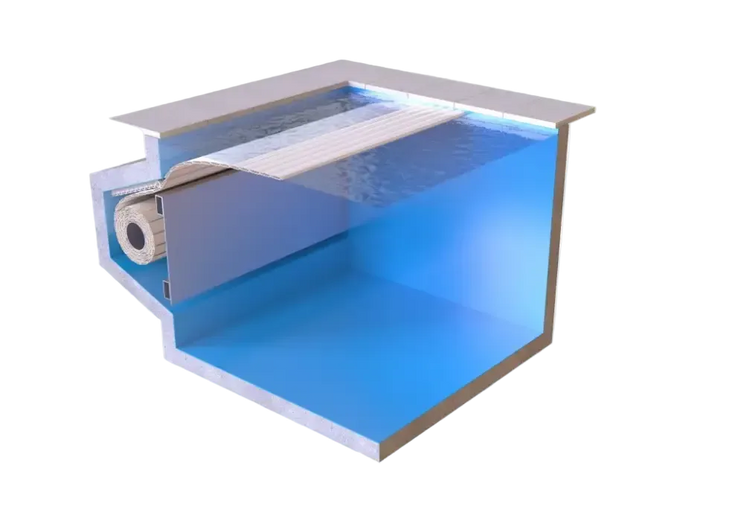Blå pool med vit plattform, synligt värmesystem 60x14mm och extern motor