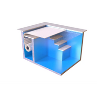 Blå inomhuspool med vita kakeltrappor, AquaTop nersänkt 800 4.5m bredd och extern motor