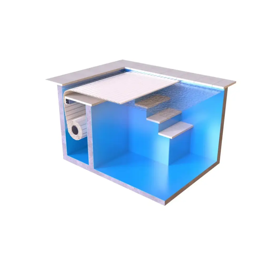 Blå inomhuspool med vita kakeltrappor och AquaTop Nersänkt 800 4m täckning