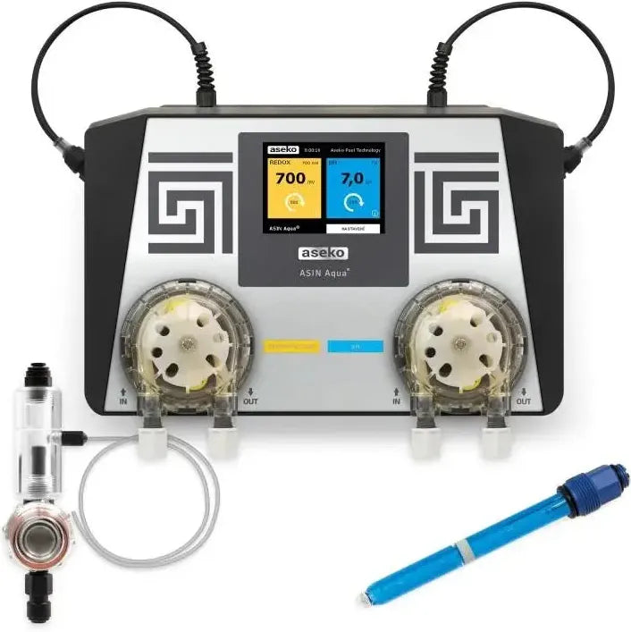 Aseko Asin Aqua svart-silver vattenreningssystem med pH-display och pumpar