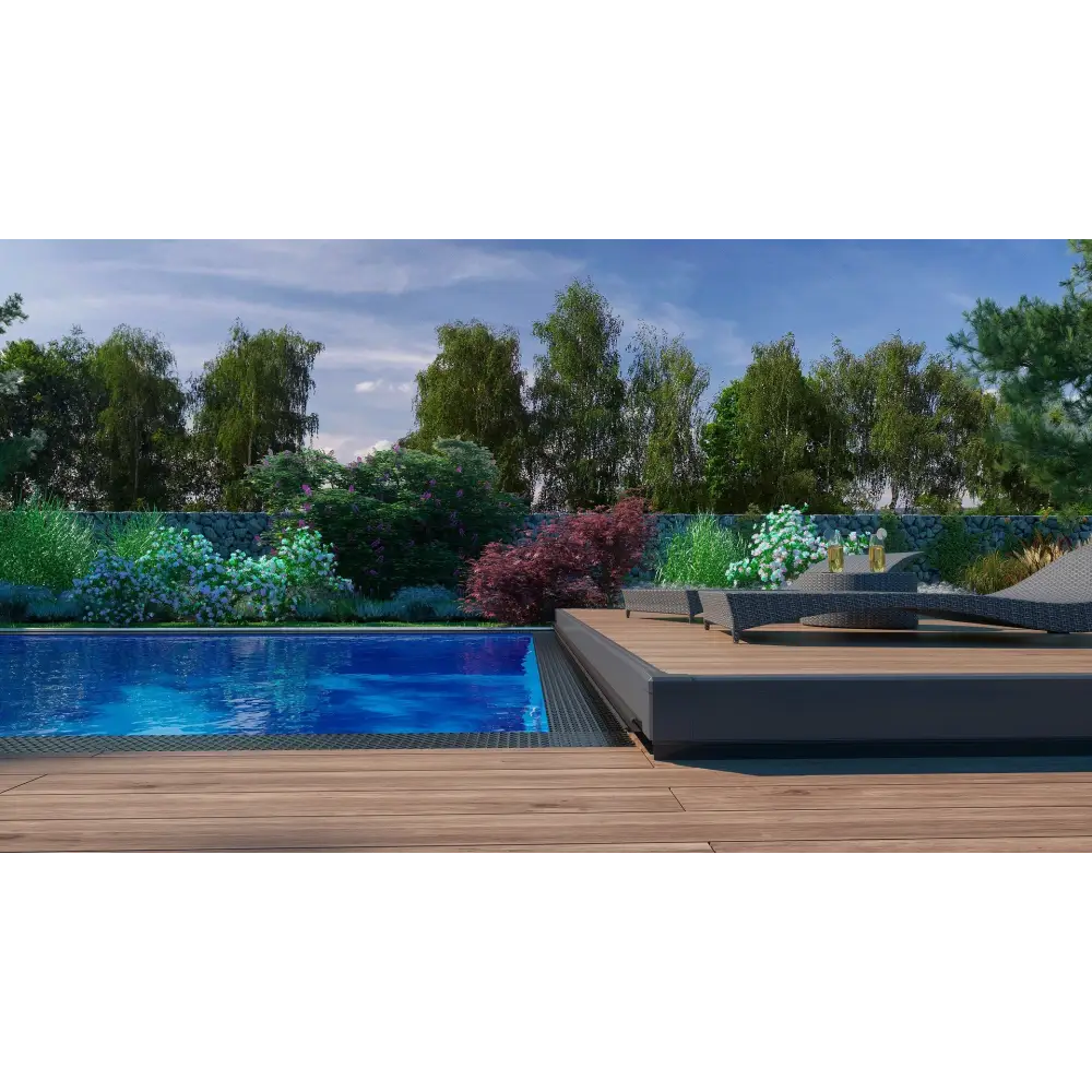 Modern grå rottingloungestol vid mobil poolterrass på Bergen Deck A året runt