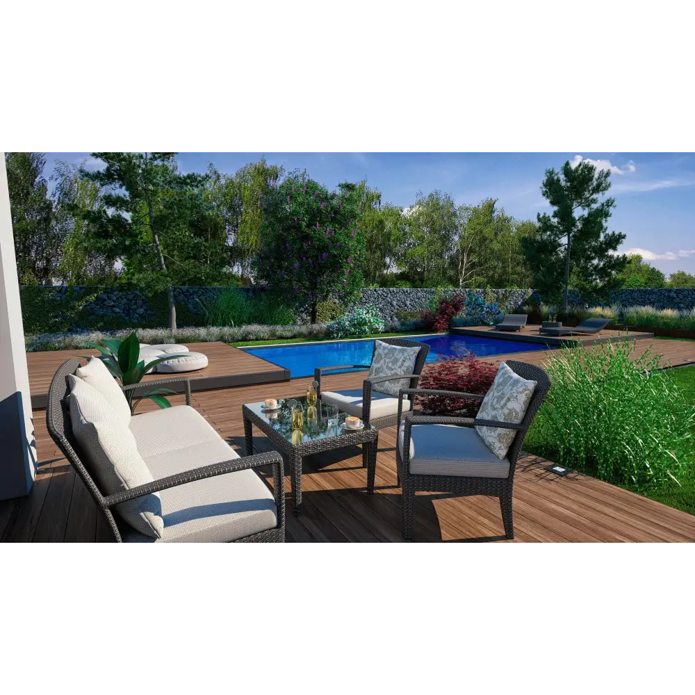 Bergen Deck mobil poolterrass med rottingmöbel och beige kuddar