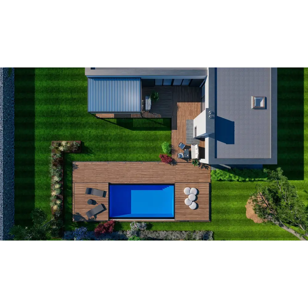 Rektangulär blå swimmingpool på BERGEN Deck A med mobil poolterrass året runt