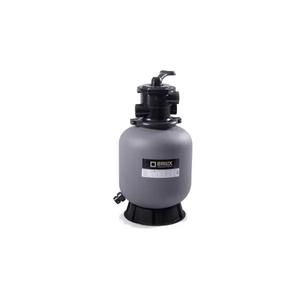 Grå cylindrisk Brilix P350 sandfilter med svart topp och bas, 4m³ kapacitet