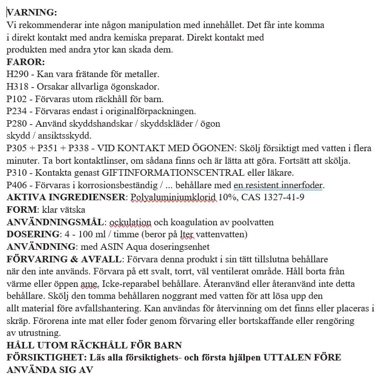 Varning för FLOC C flytande 20L med polyaluminiumchlorid 10%