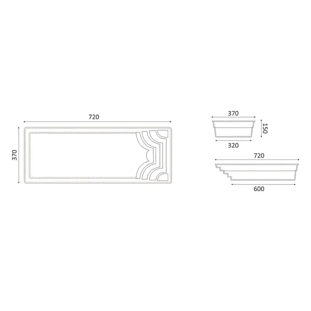 Rektangulär planter med kurvad panel för Glasfiberpool Aruba 700, teknisk ritning