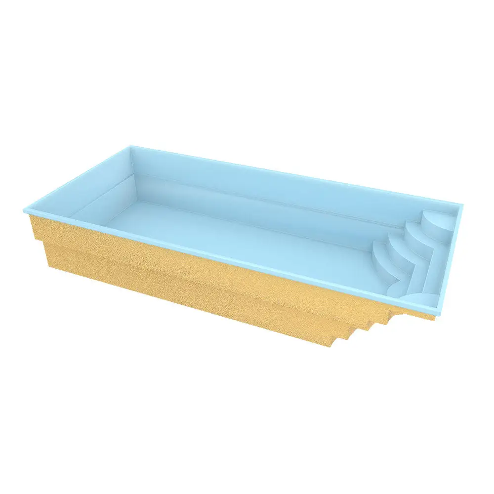 Rektangulär uppblåsbar Glasfiberpool Aruba 800 med ljusblå interiör och guldtexturerad exteriör med inbyggda steg, 8,20m x 3,