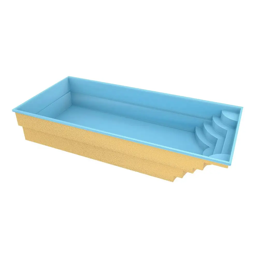 Glasfiberpool Aruba 800 rektangulär med ljusblå interiör och gyllengul textur