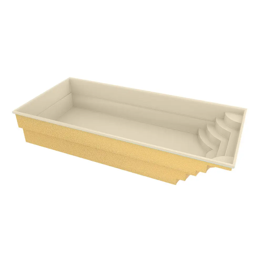 Glasfiberpool Aruba 800: gräddvit rektangulär pool med gul textur och trappentré