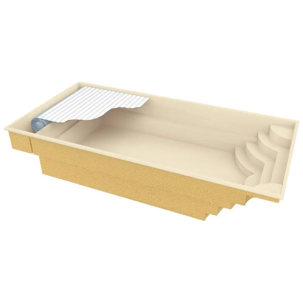 Aruba Plus trädgårdspool i beige glasfiber med integrerade steg och vit liner