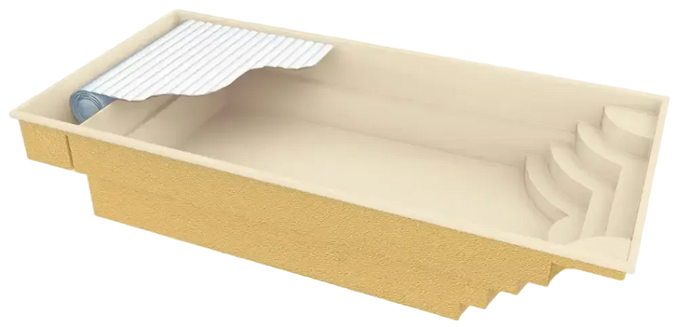 Beige glasfiberpool Aruba Plus med integrerade steg och vit liner