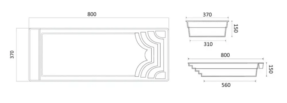 Rektangulär Aruba Plus glasfiberpool med ornamenterad badkar och klart blått vatten