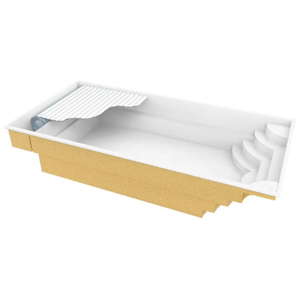 Vit och guld inlagd inground pool Aruba Plus med steg och vit ribbad cover