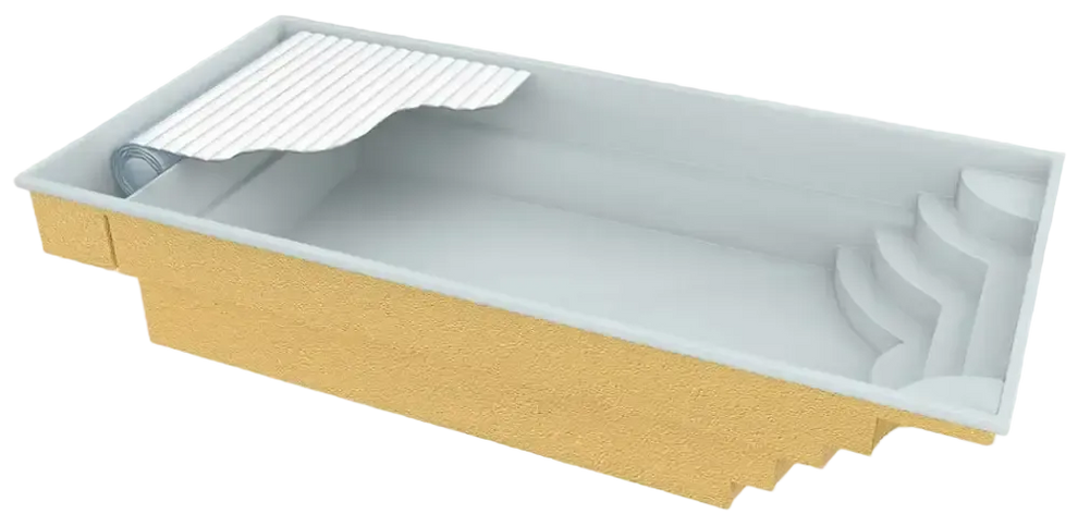 Rektangulär glasfiberpool Aruba Plus med beige väggar, vit interiör och rullbar täckning