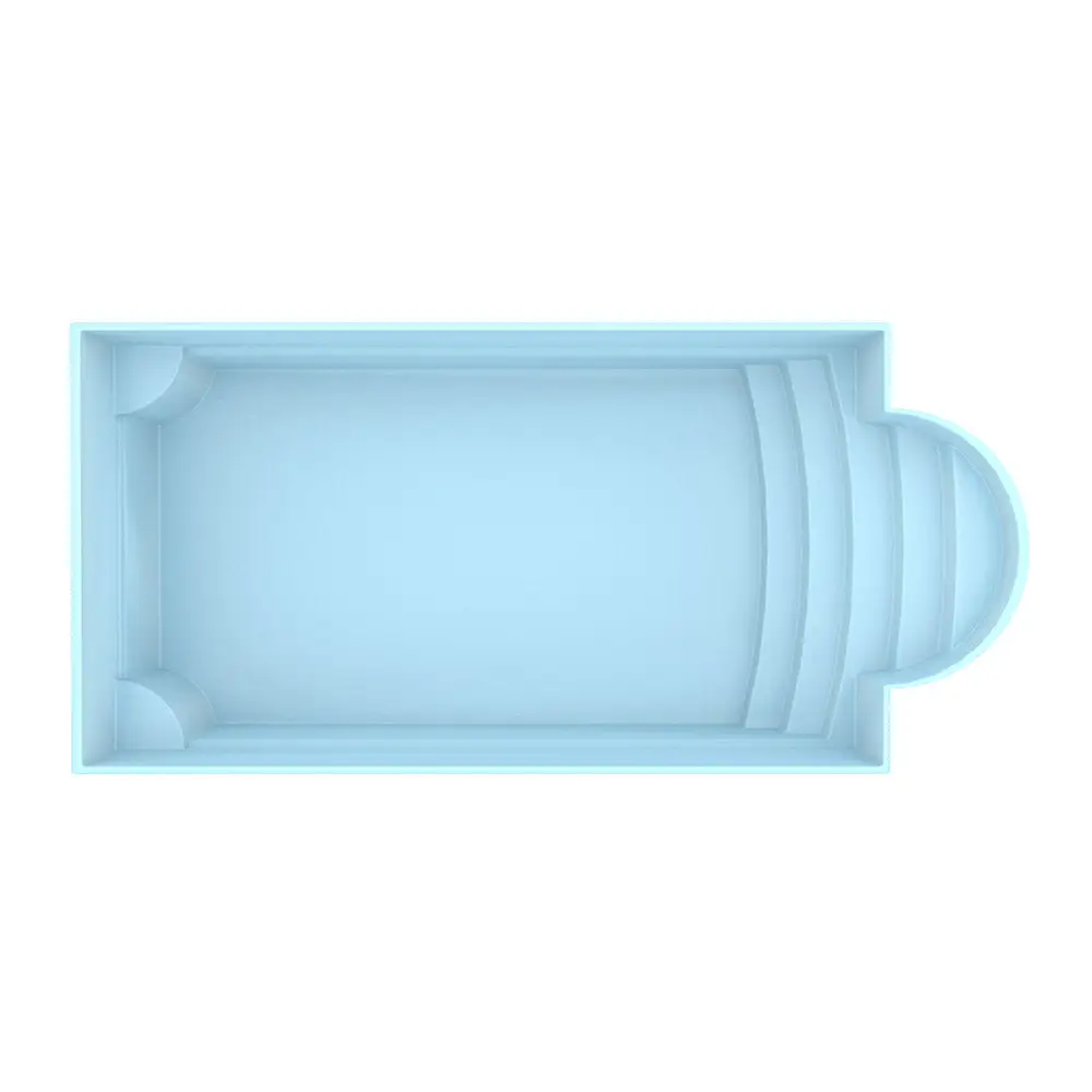 Glasfiberpool Aves 705 med avrundad trappa i ljusblå pool