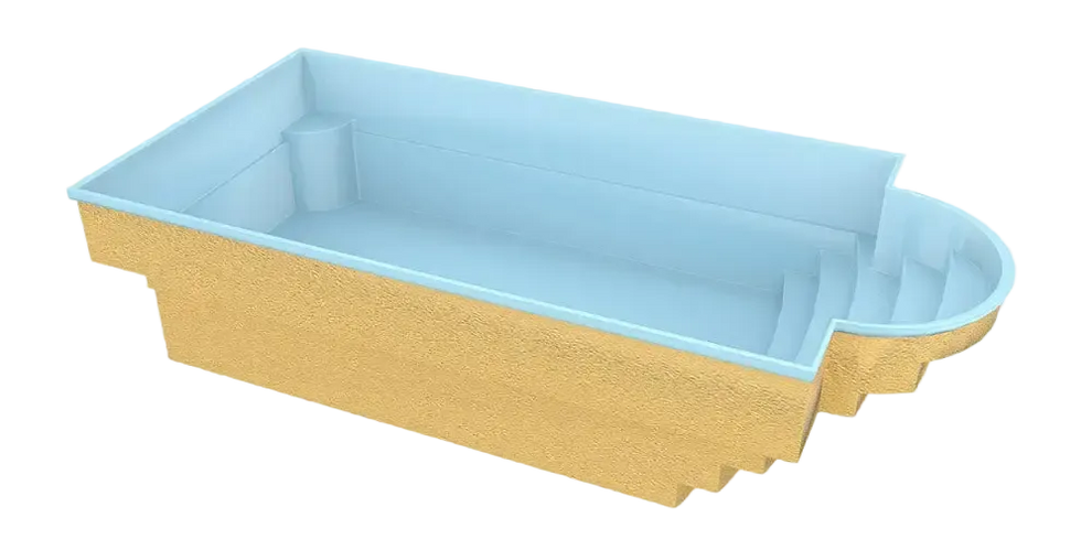 Glasfiberpool Aves med avrundad trappa i ljusblå interiör och guldtextur