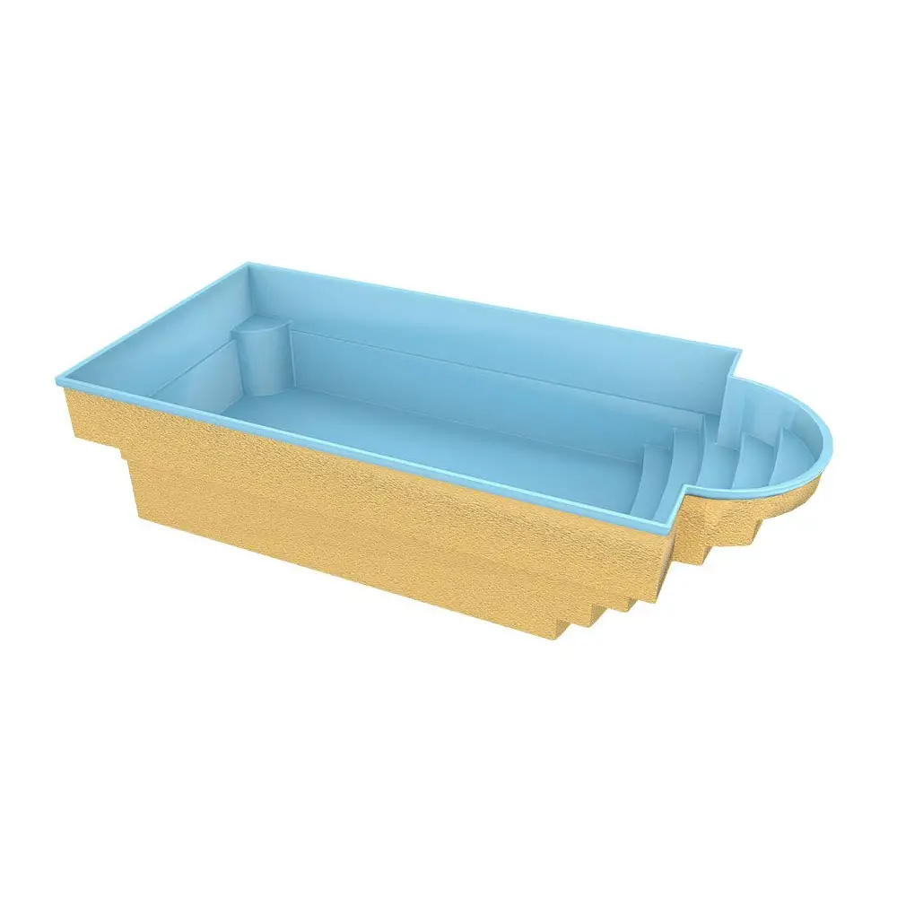 Glasfiberpool Aves 705 med avrundad trappa, perfekt pool i guld och blå