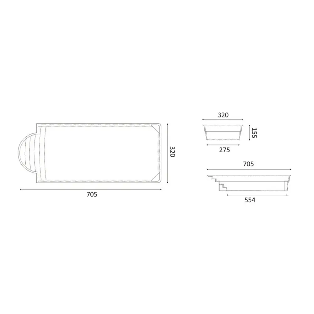 Glasfiberpool Aves 705 med rektangulär badkar, pool-design 7,05m x 3,20m x 1,55m